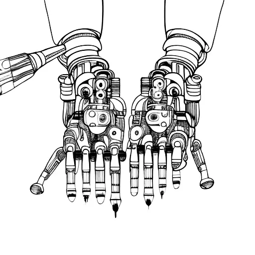 A robotic hand holding a paintbrush creating a masterpiece tattoo design idea
