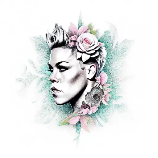 A realistic depiction of P!nk's face merged with a blooming flower, symbolizing her music's transformative power tattoo design idea
