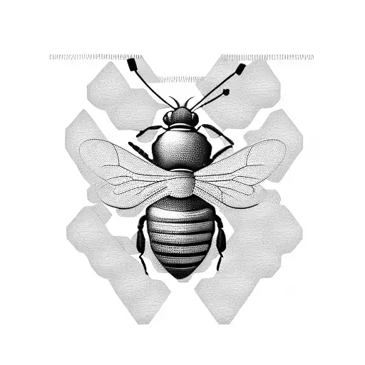 3d Honey Bee with sweat on the forehead, potrait view , honeycomb pattern, thermometer showing temperature above 30° C  tattoo design idea