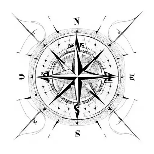 A compass rose surrounded by constellations and celestial objects tattoo design idea