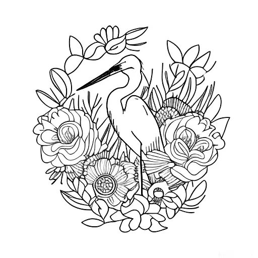 A minimalist tattoo of a heron standing tall amidst a field of blooming flowers tattoo design idea