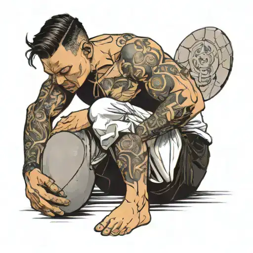 A sport man on knee holding a stone in his both hand above him tattoo design idea