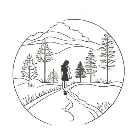There should be a forest in the background. A path leads there. A woman is walking on it. She has a girl on her hand tattoo design idea