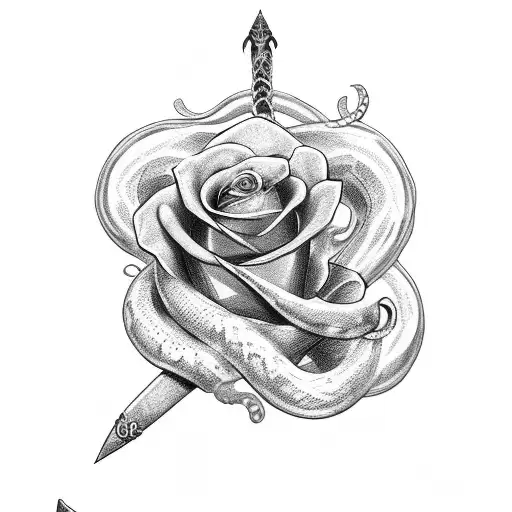 dagger with snake wrapped around with a rose for the hilt  tattoo design idea