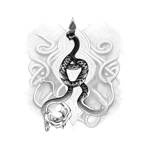 dagger with snake wrapped around with a rose hilt  tattoo design idea