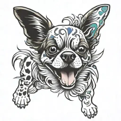 papillon dog, laugh now cry later clown cartoon version tattoo design idea