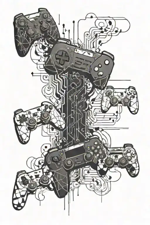 A video editing timeline with gaming controllers intertwined with music notes tattoo design idea