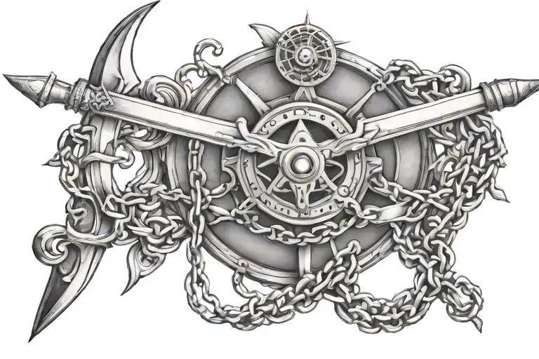 An intricate dotwork design featuring chains and a harpoon as the main elements tattoo design idea