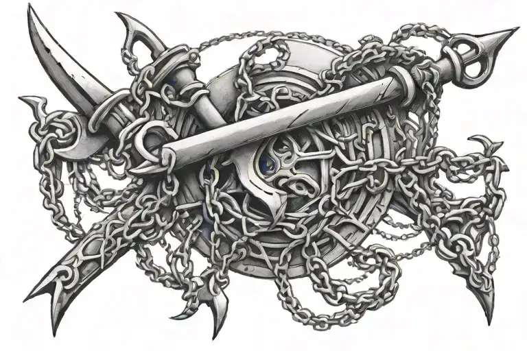 An intricate dotwork design featuring chains and a harpoon as the main elements tattoo design idea