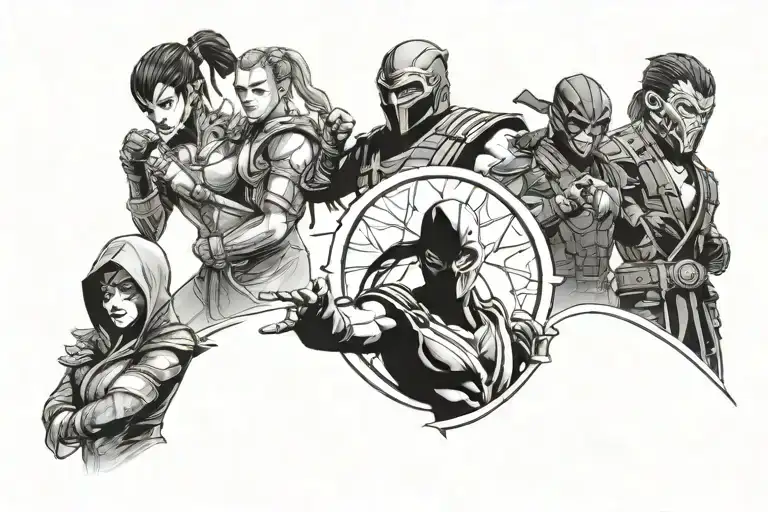 A mashup of Mortal Kombat 11 characters in a video game-inspired scene tattoo design idea