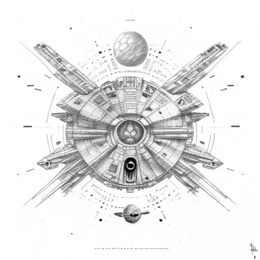 star wars, millenium falcon  and planets tattoo design idea