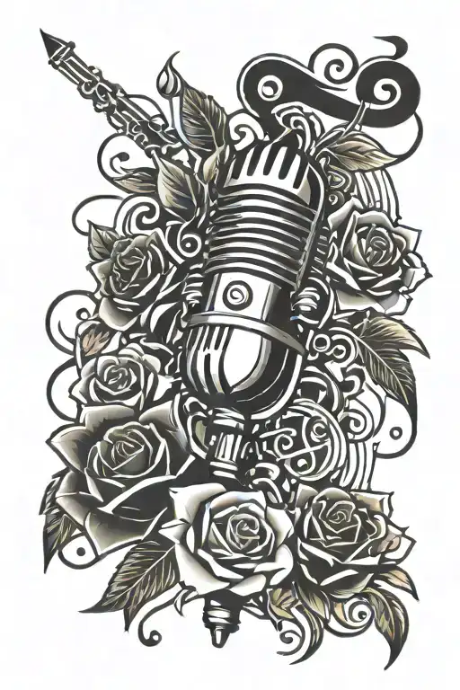 microphone surrounded by musical notes and roses tattoo design idea