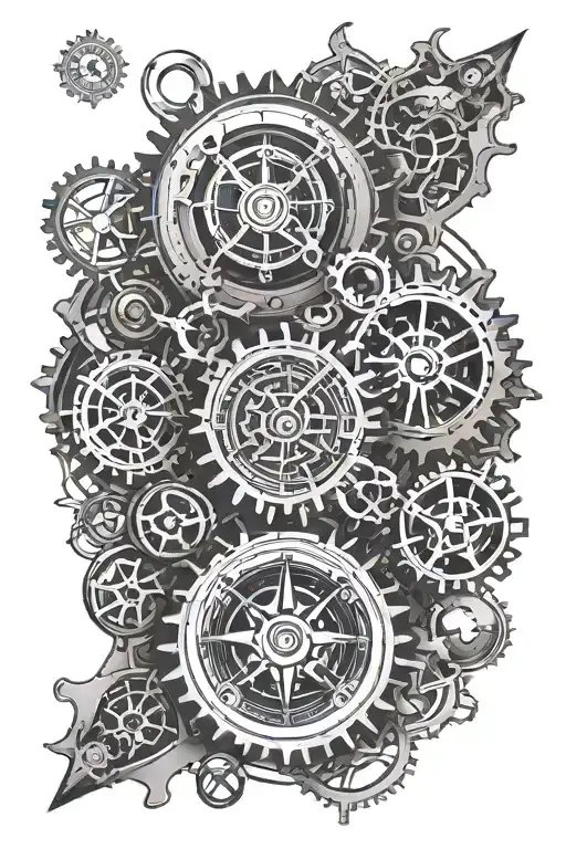 steampunk style tattoo with gears interwined with compass - long tattoo suitable for leg tattoo design idea