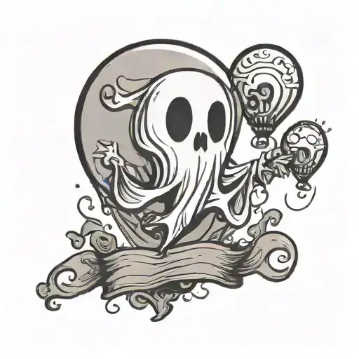 a cartoon sheet ghost held up by a balloon floating tattoo design idea