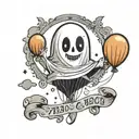 a cartoon sheet ghost held up by a balloon floating tattoo design idea