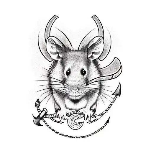 create a vertical sleeve using old school line work of a rat and wolk intertwined around a anchor  tattoo design idea