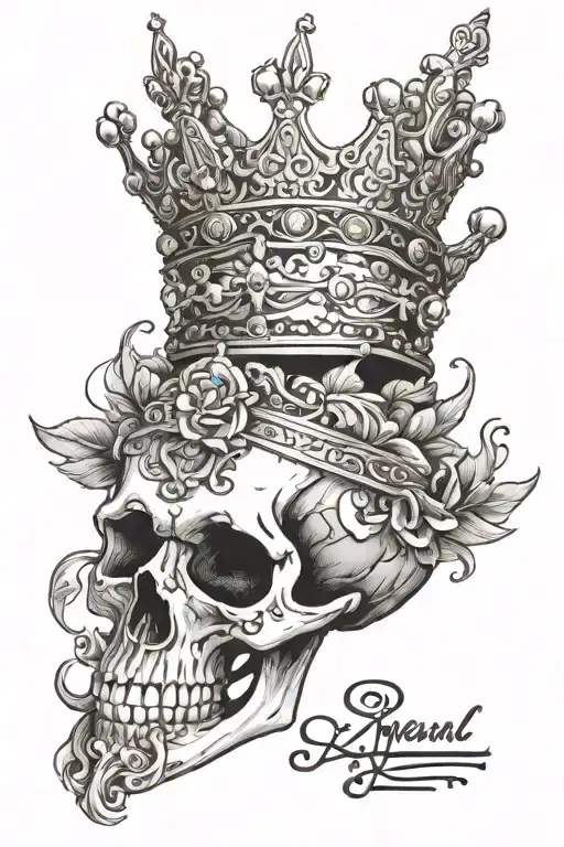 skull wearing a crown adorned skull surrounded my music tattoo design idea