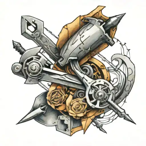 A tattoo featuring tools and sheet metal forming a unique design reminiscent of Leonardo da Vinci's inventions tattoo design idea