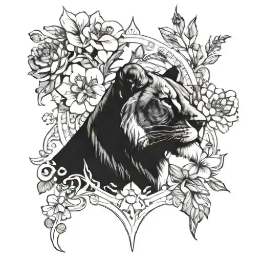 A majestic lioness with a fierce gaze surrounded by wildflowers, symbolizing strength and beauty tattoo design idea