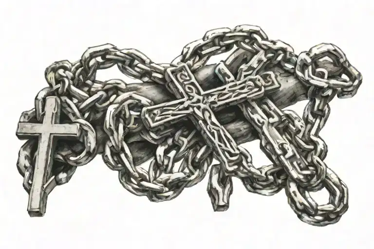 chain with a cross solger holding in hand reaching tattoo design idea