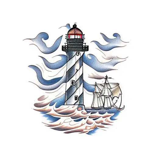 Lighthouse stormy condition with old sail boat tattoo design idea
