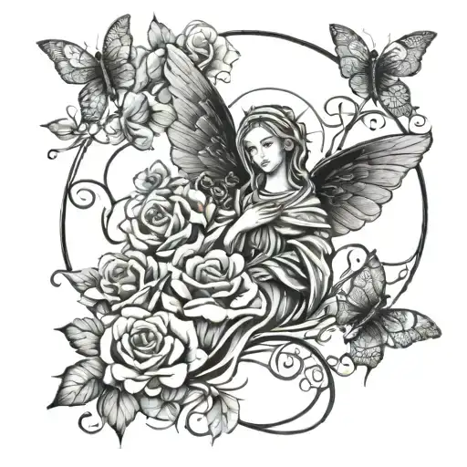 saint Mary surrounded with roses and dragonflies  tattoo design idea