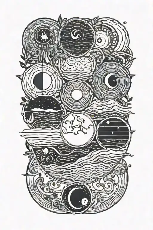 ocean and moon phases tattoo design idea