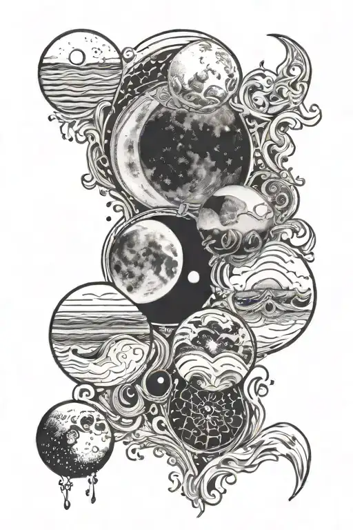 moon phases and ocean tattoo design idea