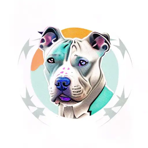 pitbull, spot over one eye, grey and white dog, cute, framed, outerspace, purple, teal, cottagecore tattoo design idea