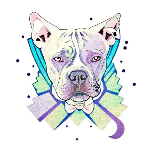 pitbull, spot over one eye, grey and white dog, cute, framed, outerspace, purple, teal, cottagecore, colorful tattoo design idea