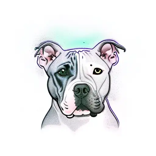 pitbull, spot over one eye, grey and white dog, cute, framed, outerspace, purple, teal, cottagecore tattoo design idea
