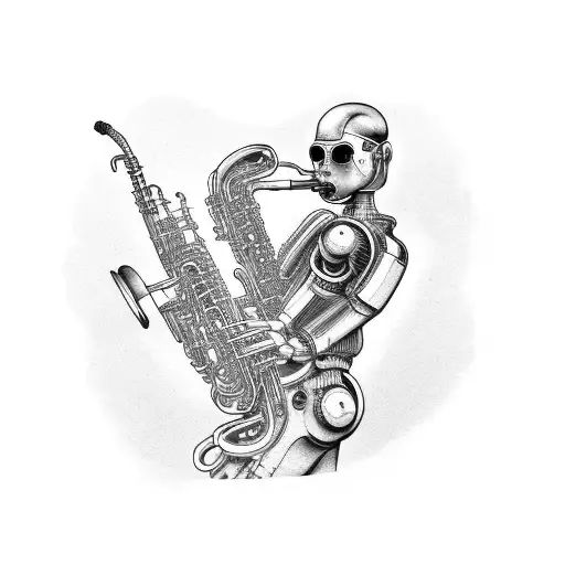 A futuristic cyborg playing a saxophone tattoo design idea