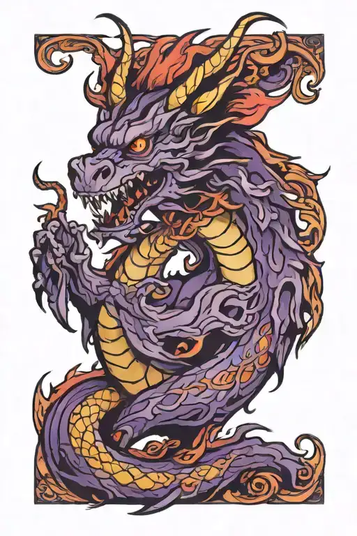 traditional dragon with purple flames left arm tattoo design idea