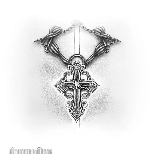 necklace wrapped around arm with a cross on it tattoo design idea