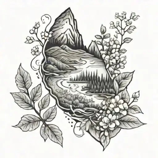 Nature Elements in Footprint: with a river, leaves, small flowers, and tiny mountain peaks incorporated into the shape. tattoo design idea