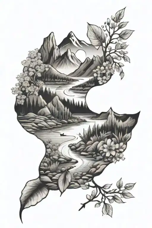Nature Elements inside Footprint: with a river, leaves, small flowers, and tiny mountain peaks in the shape. tattoo design idea