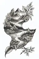 Nature Elements inside Footprint: with a river, leaves, small flowers, and tiny mountain peaks in the shape. tattoo design idea