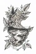 Nature Elements inside Footprint: with a river, leaves, small flowers, and tiny mountain peaks in the shape. tattoo design idea