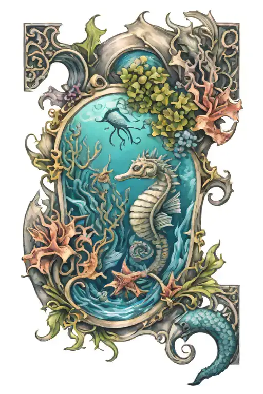 a cuff tattoo on the theme of the sea with marine animals, seaweed and in the center a seahorse  tattoo design idea