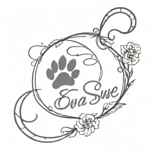 memorial tattoo with heartbeat, paw prints, and her name, Eva Sue tattoo design idea