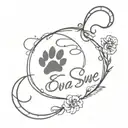 memorial tattoo with heartbeat, paw prints, and her name, Eva Sue tattoo design idea
