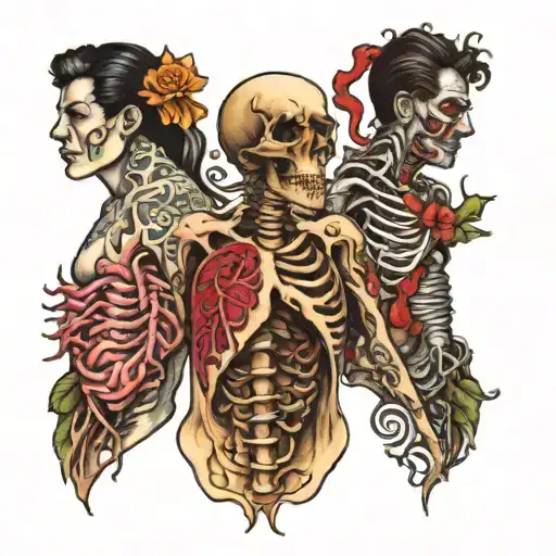 four people with open ribcage and weird organs tattoo design idea