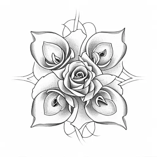 A cross intertwined with roses, lilies, and water lilies representing the birth flowers of June, May, and July respectively tattoo design idea