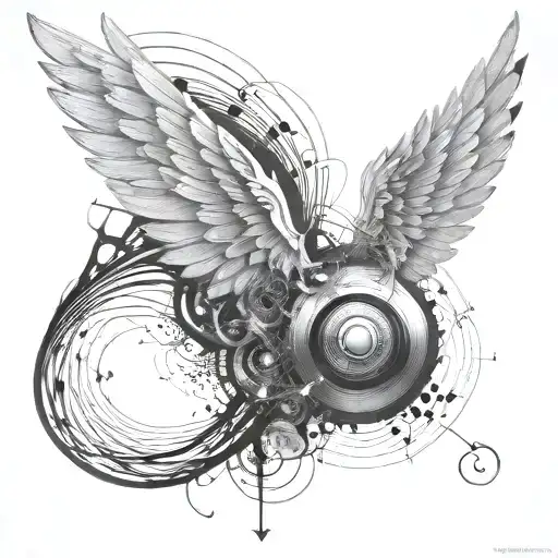An abstract design of sound waves forming angel wings, combining music and JJ angel wings M.I.M.P elements tattoo design idea