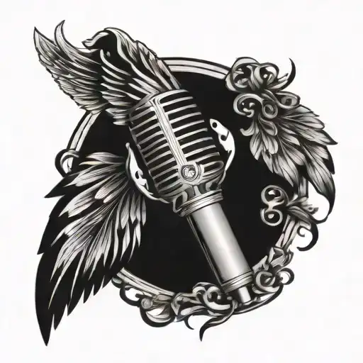 A microphone with intricate angel wings as a symbol of music and JJ angel wings M.I.M.P tattoo design idea