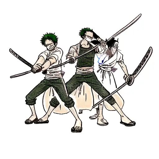 roronoa zoro from one piece showing its three sword style tattoo design idea
