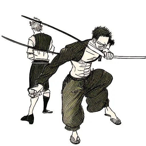 roronoa zoro from one piece showing its three sword style, the tattoo should be vertical which will be perfect behind ea tattoo design idea