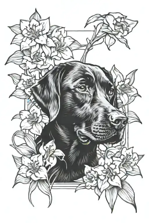 a black lab with   narcissus flowers around  tattoo design idea