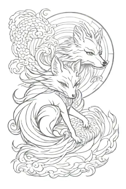 kitsune with empty eyes, nine tails, panaese clouds, rising from mist and sun tattoo design idea