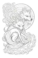 kitsune with empty eyes, nine tails, panaese clouds, rising from mist and sun tattoo design idea